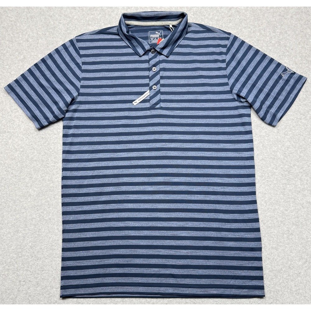 Puma Polo Shirt Mens Small Blue Stripe Dry Cell Short Sleeve Performance Stretch